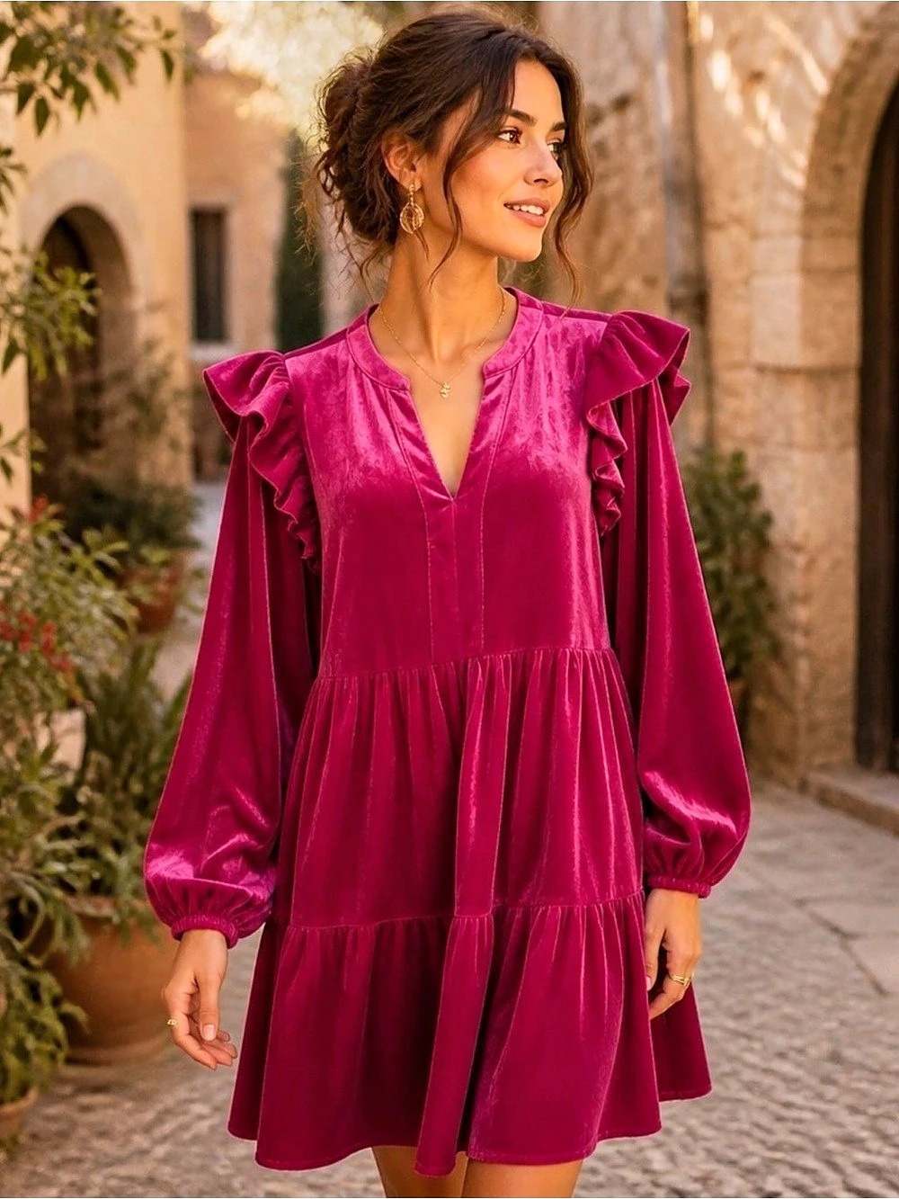 Umgee Magenta Velvet Dress with Ruffled Collar and Sleeves NWOT